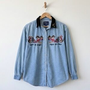 Let's Quizz Again Womens Small Denim Shirt Christmas Cats Cowboy Hats Vintage